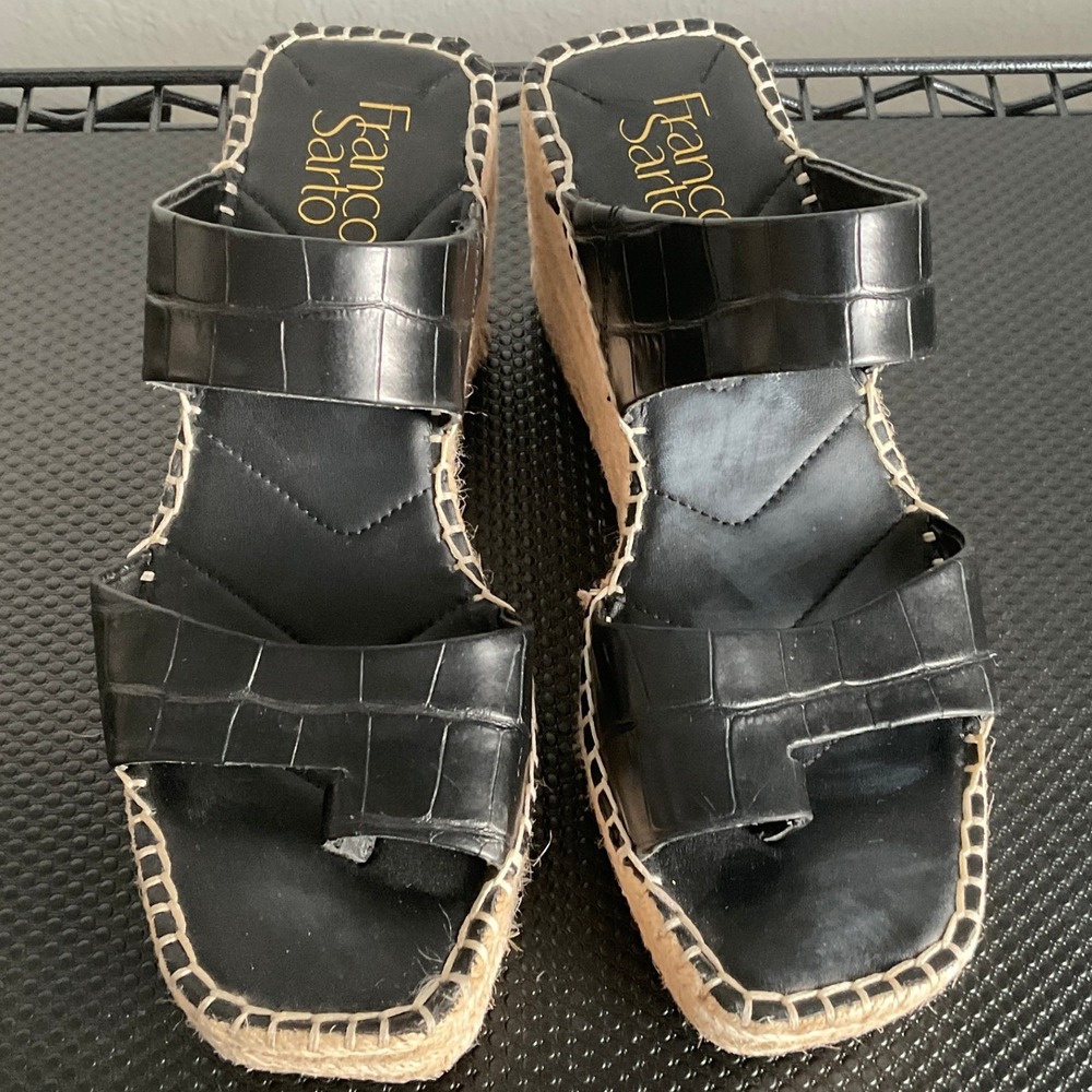 Franco Sarto Clave Black Croc Leather Espadrille Wedge Sandals Womens 7M - Picture 7 of 13